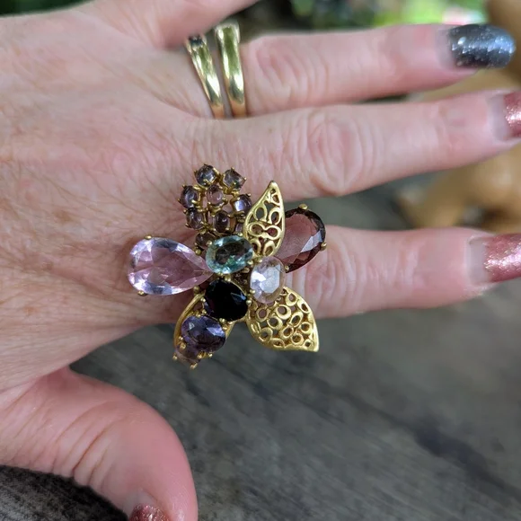 SUPER EUC 💐 COACH 💐FLOWER🍸STATEMENT COCKTAIL GEMSTONE RING🍸GOLD OVERLAY sz 7 - Picture 2 of 7